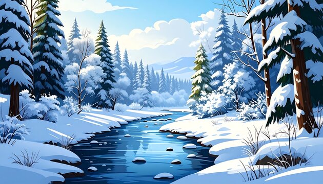 Winter landscape with a snow-covered river flowing through a dense forest.  A serene, sunny day - Powered by Adobe