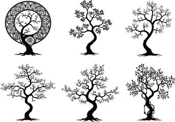 Stylized tree silhouette vector set with mandala frame, twisted trunks, and swing detail for nature, tattoo, and design themes