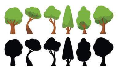 Cartoon Tree Icon Set with Silhouettes - Flat Design Nature Vector Collection