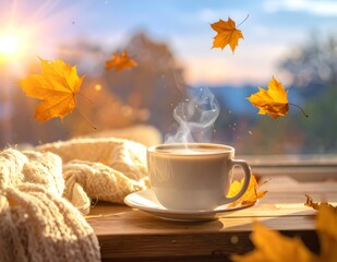 Cozy Autumn Moment: Steaming Hot Coffee on a Windowsill with Falling Golden Maple Leaves and Sunset Glow.