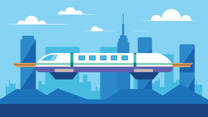 Vector art of a futuristic maglev train gliding through a cityscape with skyscrapers and clouds, vector illustration