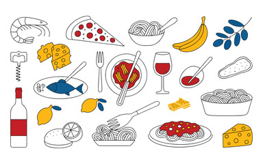 Italian Food Doodle Icon Set - Pasta, Pizza, Seafood, Wine Outline Vector