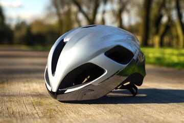High-performance cycling helmet resting on a path in a sunny park during a clear day