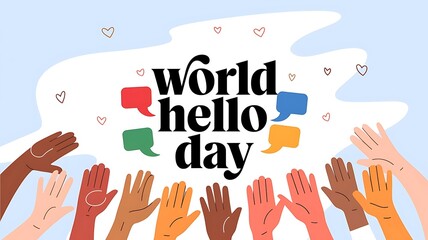 A world hello day graphic with diverse hands reaching up and speech bubbles against a light blue background