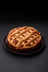 Sweet American pie with apples, pears, and cinnamon, a homemade dessert. Apple American pie