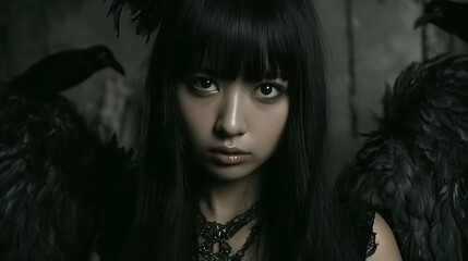 Captivating Dark Fantasy Portrait of a Mysterious Woman with Raven Wings