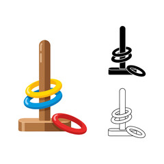A ring toss game with colorful rings and a wooden stand shown in three different styles silhouette