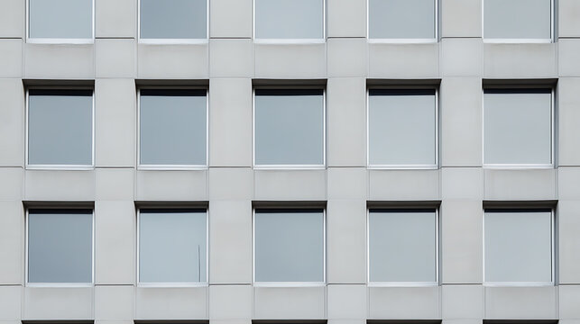 Geometric facade of an office building. Rectangular windows, arranged in a grid pattern, create a uniform aesthetic. Architectural pattern with a modern feel.
