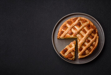 Sweet American pie with apples, pears, and cinnamon, a homemade dessert. Apple American pie