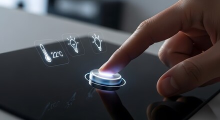 Photo of closeup of a finger interacting with a futuristic smart home control panel