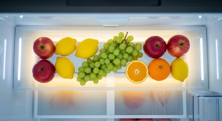 Photo of assortment of fresh fruits including apples, lemons, grapes, and oranges neatly arranged in a refrigerator