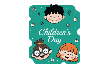 Children's Day Cartoon Kids Sticker - Happy Faces and Floral Background Vector