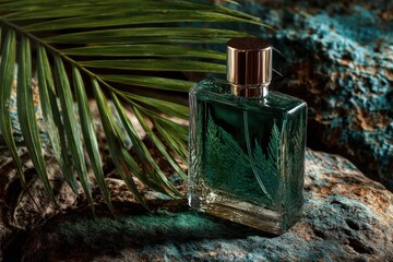 Close-up of elegant perfume bottle with golden cap is placed on rugged rock surrounded by lush green fern leaves