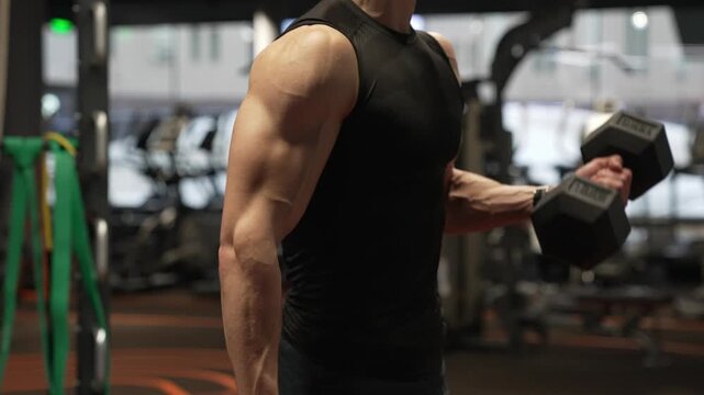 Strong triceps. Man exercising with dumbbell. Man athlete lifting dumbbell. Triceps press. Strong man do sport exercise. Gym workout. Sport athlete man with dumbbell. Healthy lifestyle. Biceps muscle