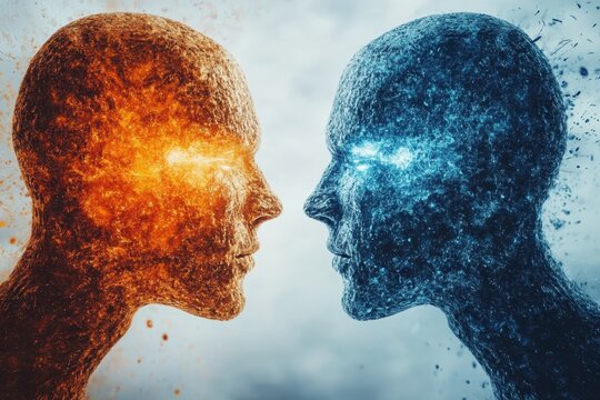 Two abstract human figures made of ice and fire face each other in a dramatic confrontation