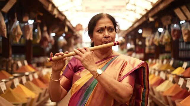 Mature Indian woman in sari plays flute in spice market with colorful spices. Tradition, music, culture.