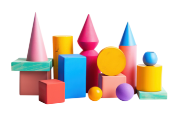 Colorful geometric shapes arranged artistically for creative play and learning experiences isolated on transparent background