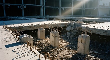 Construction Site Foundation Rebar and Concrete Pillars.