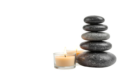 Stacked Dark Stones and Two Lit Candles on Black Background