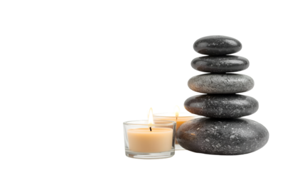 Stacked Dark Stones and Two Lit Candles on Black Background