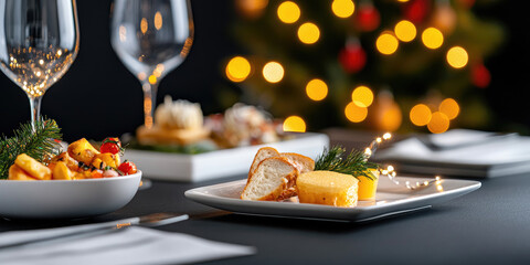 Festive Christmas dinner table with roast turkey, sides and champagne, elegant cutlery and crystal glasses against warm bokeh lights, evoking cozy holiday celebration