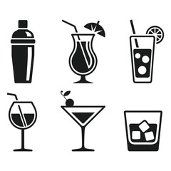 Cocktail Drink and Glass Icons Set - Shaker, Martini, Highball, Wine Glass Silhouettes