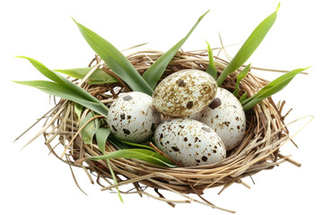 Natural nest with speckled eggs and green foliage captured in a tranquil indoor setting