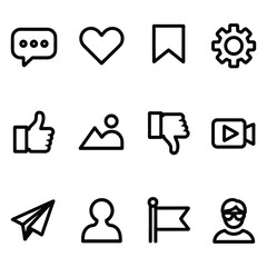 Social Media Interaction Line Icons Set - UI/UX Buttons for Like, Comment, Share, Save, and Settings