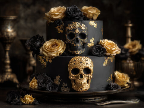 Elegant black-and-gold Halloween cake decorated with sugar skulls and roses
