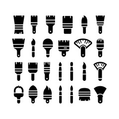 Collection of black and white paintbrushes of various shapes and sizes on a white background silhouette
