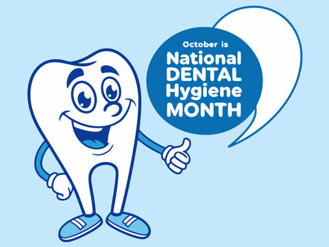 Cartoon Tooth Character Celebrates National Dental Hygiene Month in October with a Thumbs Up on a Light Blue Background