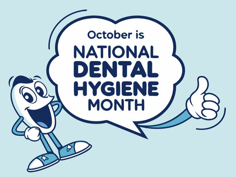 Cartoon Tooth Character Celebrates National Dental Hygiene Month in October with a Thumbs Up on a Light Blue Background
- Powered by Adobe