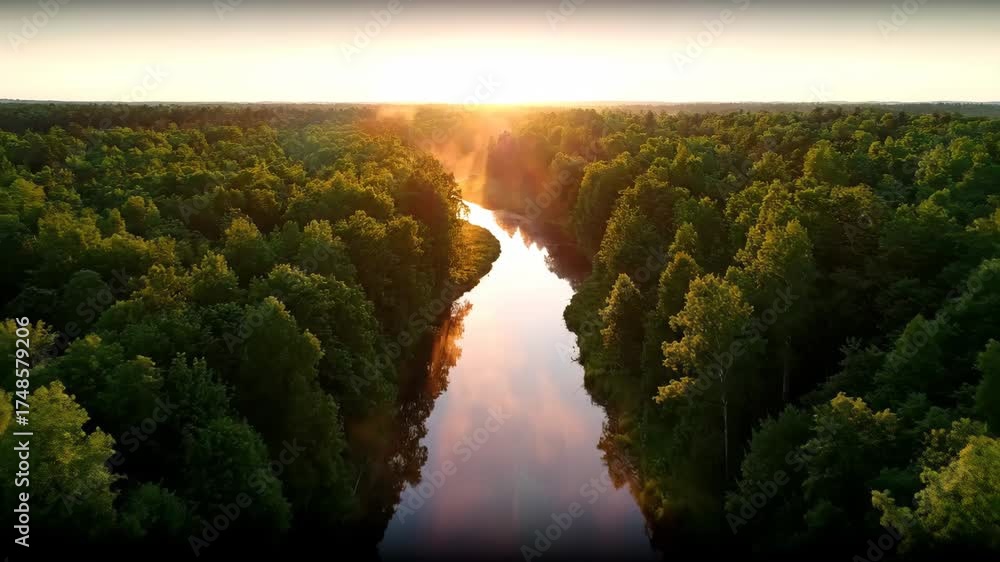 Canvas Prints aerial drone view following a winding river through a dense, pristine forest filled with vibrant gre