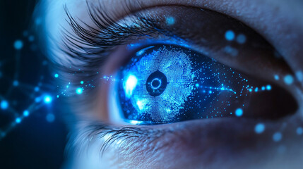 Futuristic digital eye representing AI technology, data analytics, and global vision, featuring glowing elements, circuits, and advanced technological aesthetics.
