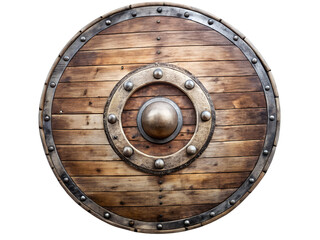 Round wooden viking shield with metal rim and boss isolated on transparent background