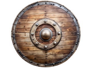 Round wooden viking shield with metal rim and boss isolated on transparent background