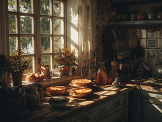 Vintage kitchen with fresh pumpkin pies cooling on the windowsill, sunlight streaming in, nostalgic autumn mood