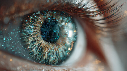 Futuristic digital eye representing AI technology, data analytics, and global vision, featuring glowing elements, circuits, and advanced technological aesthetics.