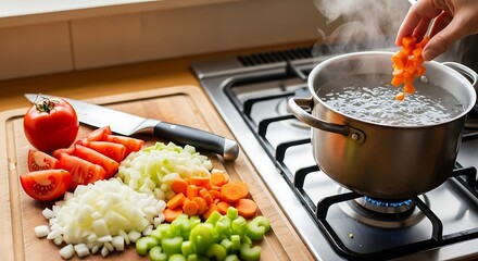 Cooking vegetables in a pot on the stove, healthy food preparation.
