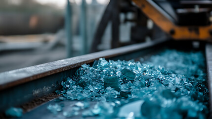 Crushed crystal fragments on an industrial conveyor belt show the raw, edgy nature of manufacturing. Sharp, geometric forms catch light, creating texture.