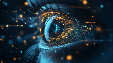 Futuristic digital eye representing AI technology, data analytics, and global vision, featuring glowing elements, circuits, and advanced technological aesthetics.