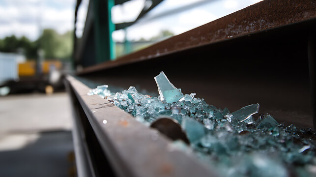 Shattered glass in a metal container. Recycling concept, waste management, or the aftermath of damage. Debris with sharp edges reflect light. - Powered by Adobe