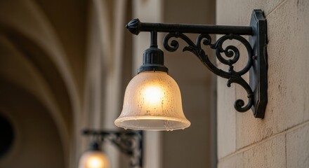 Vintage iron wall lamp illuminating rustic stone archway at dusk