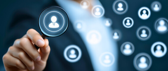 Human Resource Management and Recruitment Concept – Businessman Holding Magnifying Glass over Digital People Icons