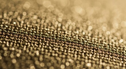 Close-up of textured fabric with metallic threads under soft golden light