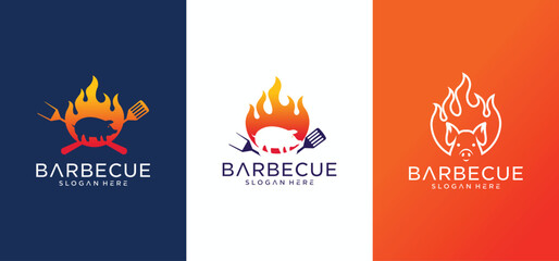 Barbecue logo design with combination of pork and grill fire along with shoes.