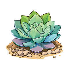 Realistic illustration of a lovely green echeveria succulent with blue tips resting on a bed of dry dirt and stones