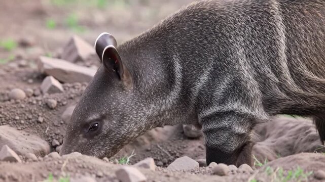 Lowland tapir searches for food on the ground, a closeup of the animal digging in the dirt and rocks in nature.