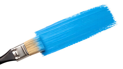Close up of a paintbrush with bright blue paint being applied in a stroke isolated on transparent background