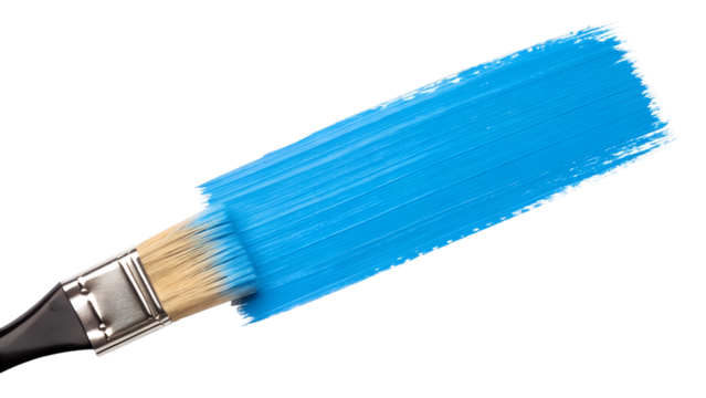 Close up of a paintbrush with bright blue paint being applied in a stroke isolated on transparent background